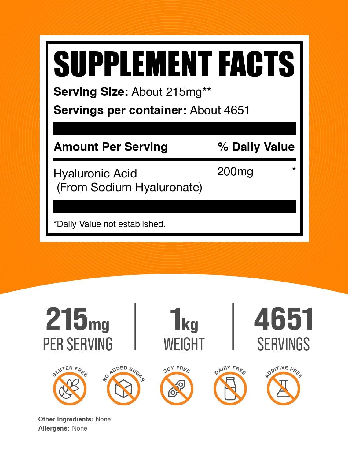 BulkSupplements Poudre d'Acide Hyaluronique 215mg par portion