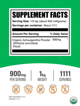 BulkSupplements Poudre d'Ashwagandha Bio 900mg par portion