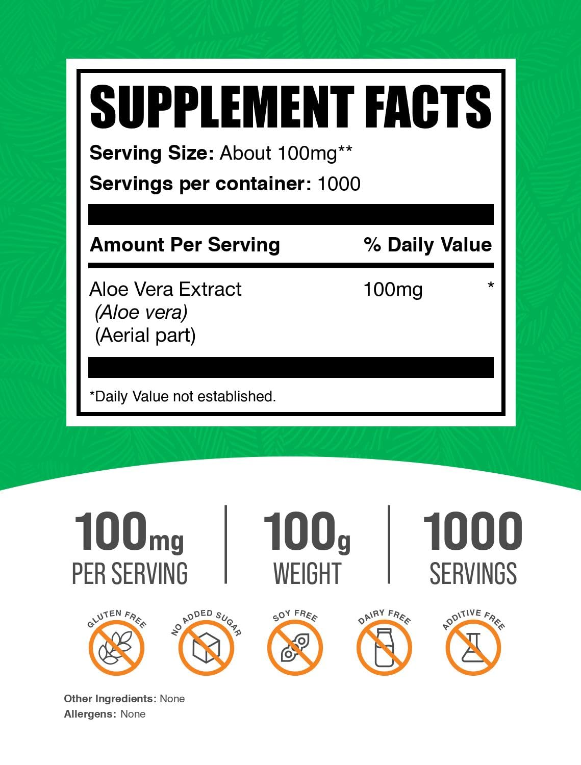 BulkSupplements Poudre d'Extrait d'Aloe Vera 100g avec cuillère doseuse