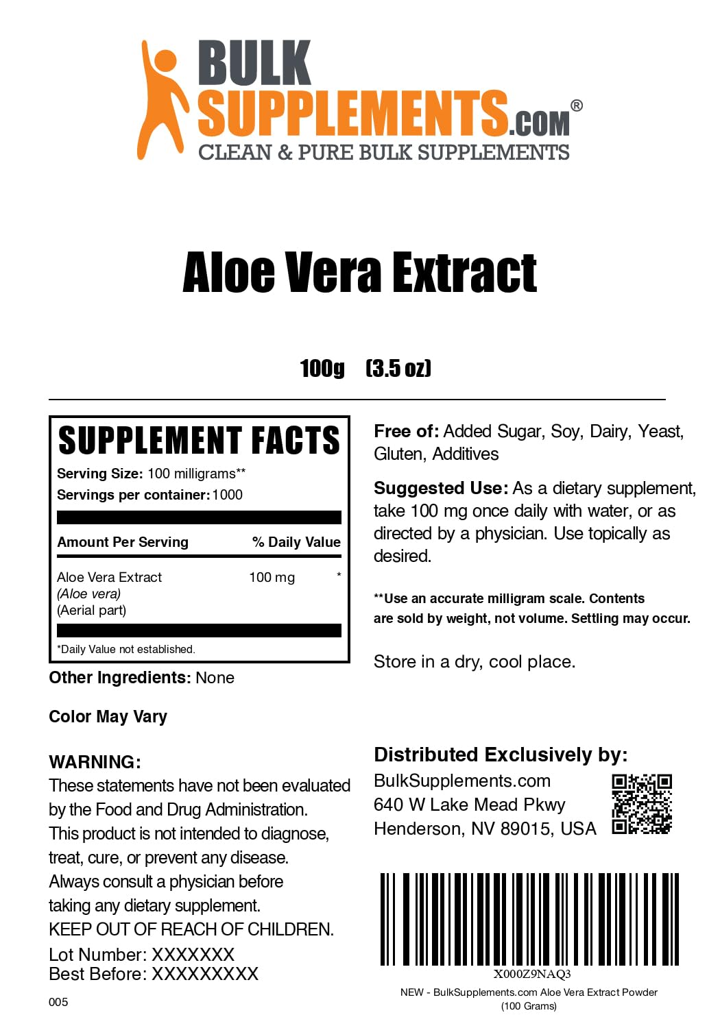 BulkSupplements Poudre d'Extrait d'Aloe Vera 100g avec étiquette claire