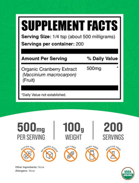 BulkSupplements Poudre d'Extrait de Canneberge Bio 100g vue arrière