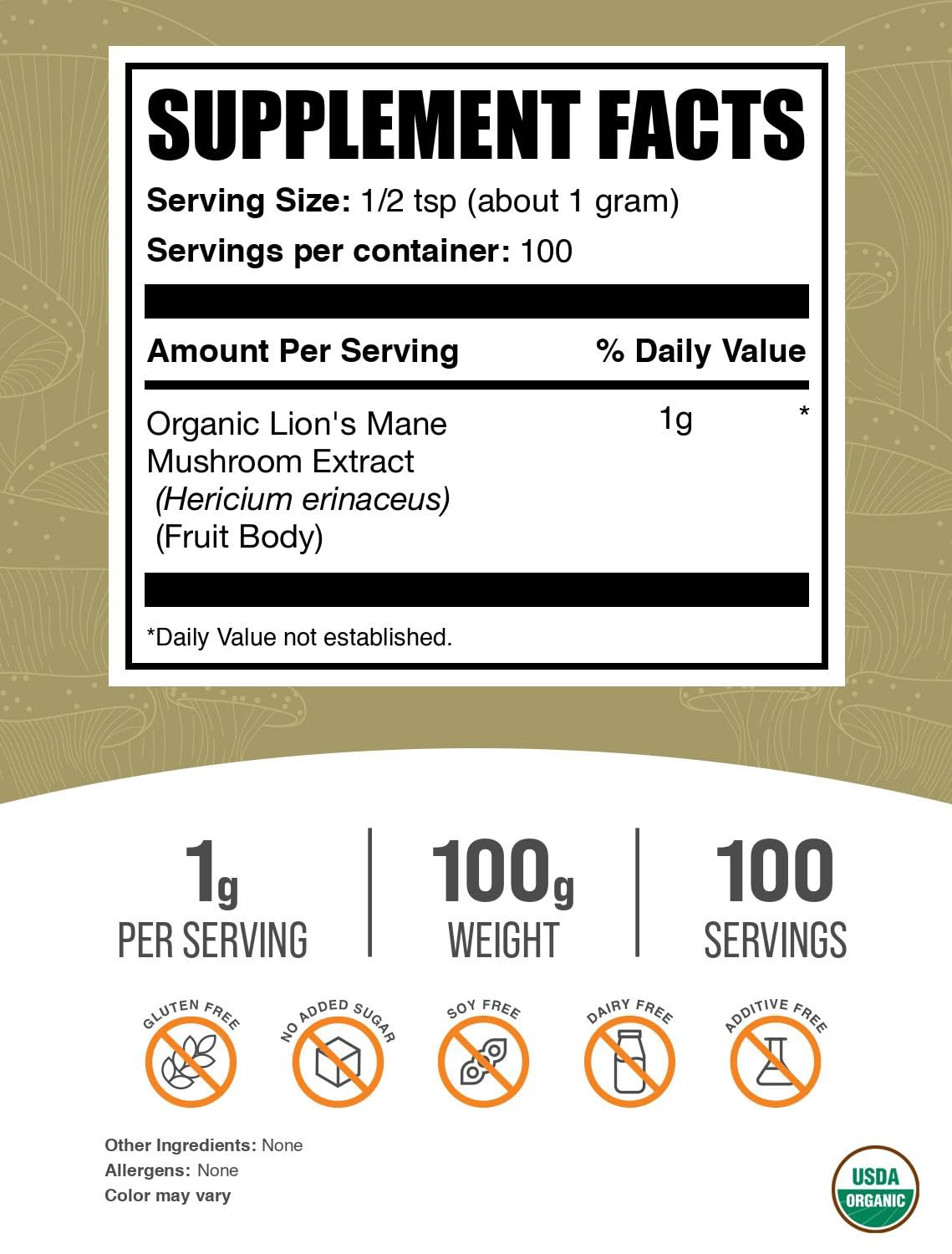 BulkSupplements Poudre d'Extrait de Champignon Lion Bio 100g emballage