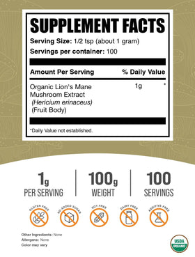 BulkSupplements Poudre d'Extrait de Champignon Lion Bio 100g emballage