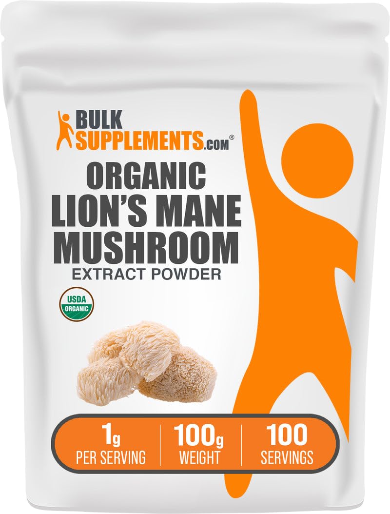 BulkSupplements Poudre d'Extrait de Champignon Lion Bio 100g vue de face