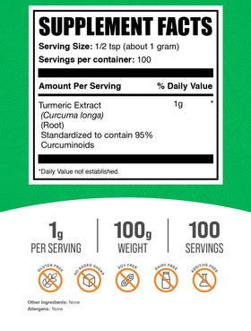 BulkSupplements Poudre d'Extrait de Curcuma 120g emballage