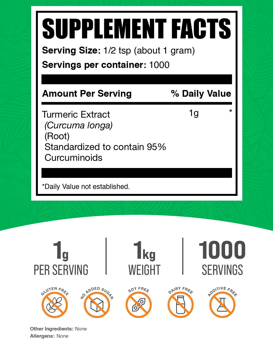 BulkSupplements Poudre d'Extrait de Curcuma 1kg dans son emballage