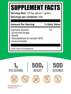 BulkSupplements Poudre d'Extrait de Curcuma 500g emballage et détails