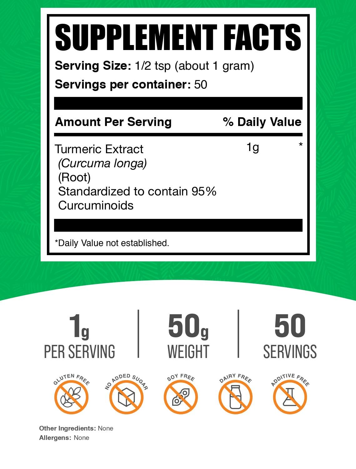 BulkSupplements Poudre d'Extrait de Curcuma 50g emballage