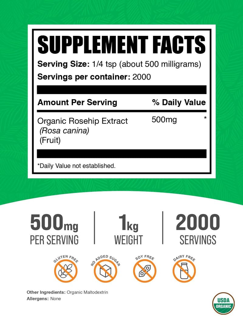 BulkSupplements Poudre d'Extrait de Cynorrhodon Biologique 1kg emballage