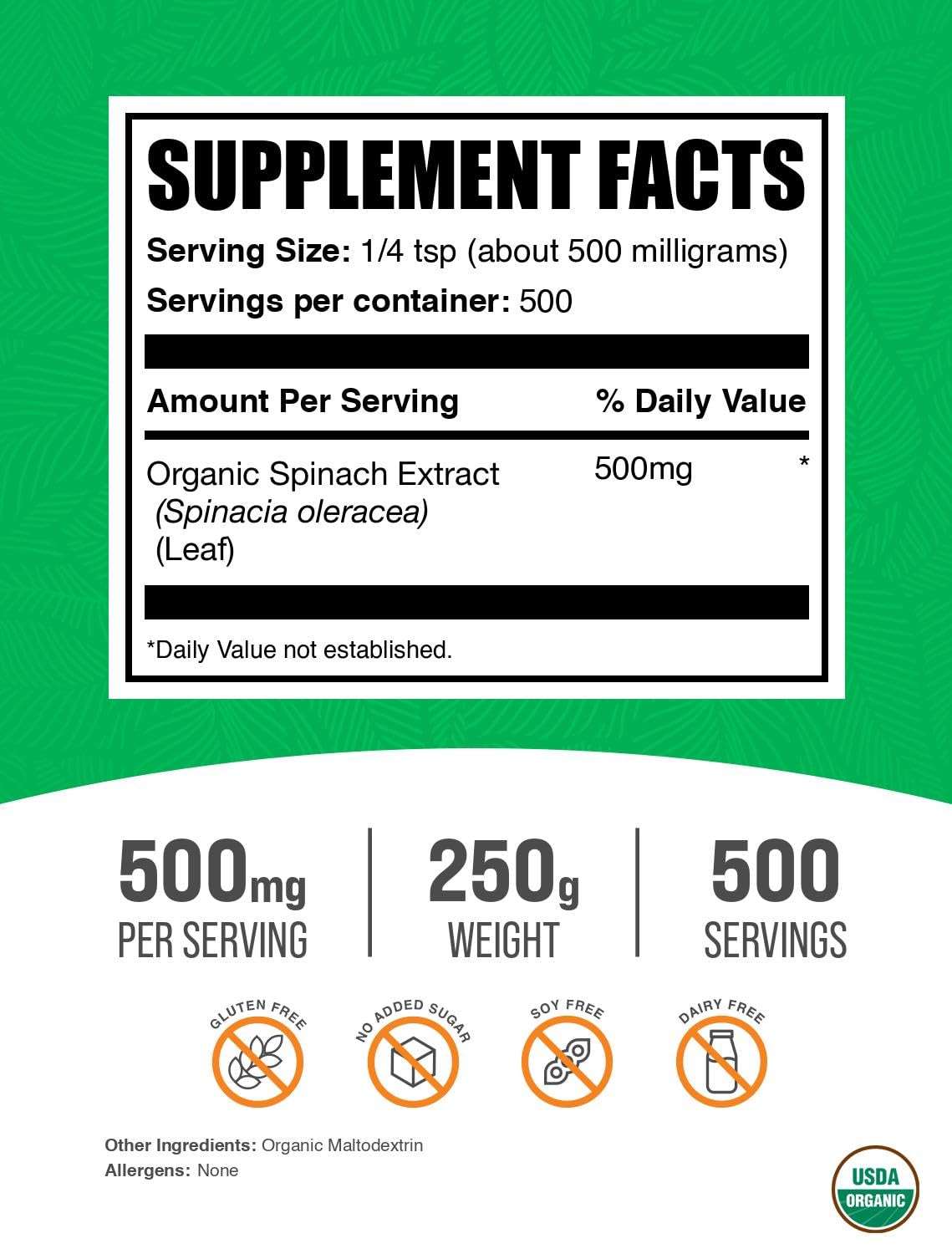 BulkSupplements Poudre d'Extrait de Épinard Bio 250g avec mesure