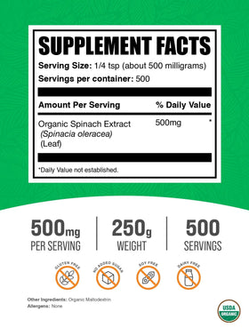 BulkSupplements Poudre d'Extrait de Épinard Bio 250g avec mesure