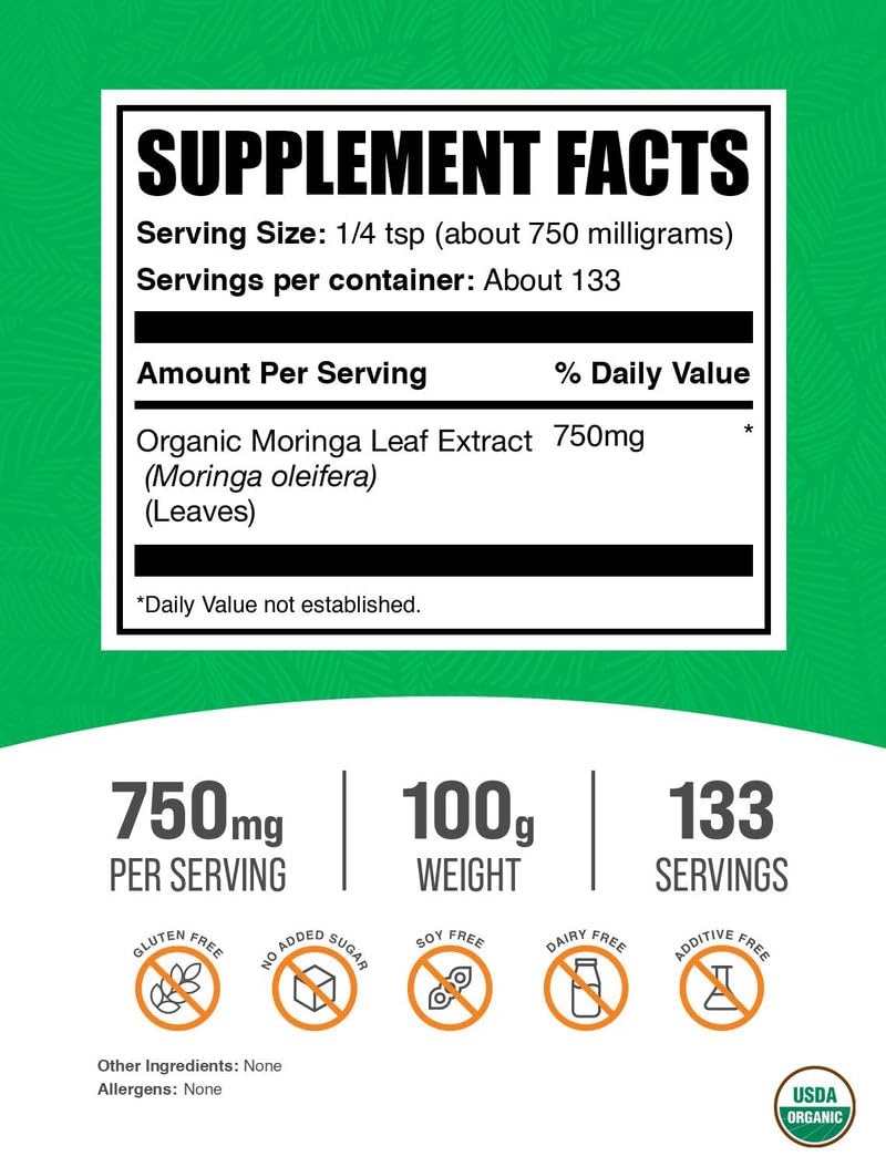 BulkSupplements Poudre d'Extrait de Moringa Bio 100g avec étiquette