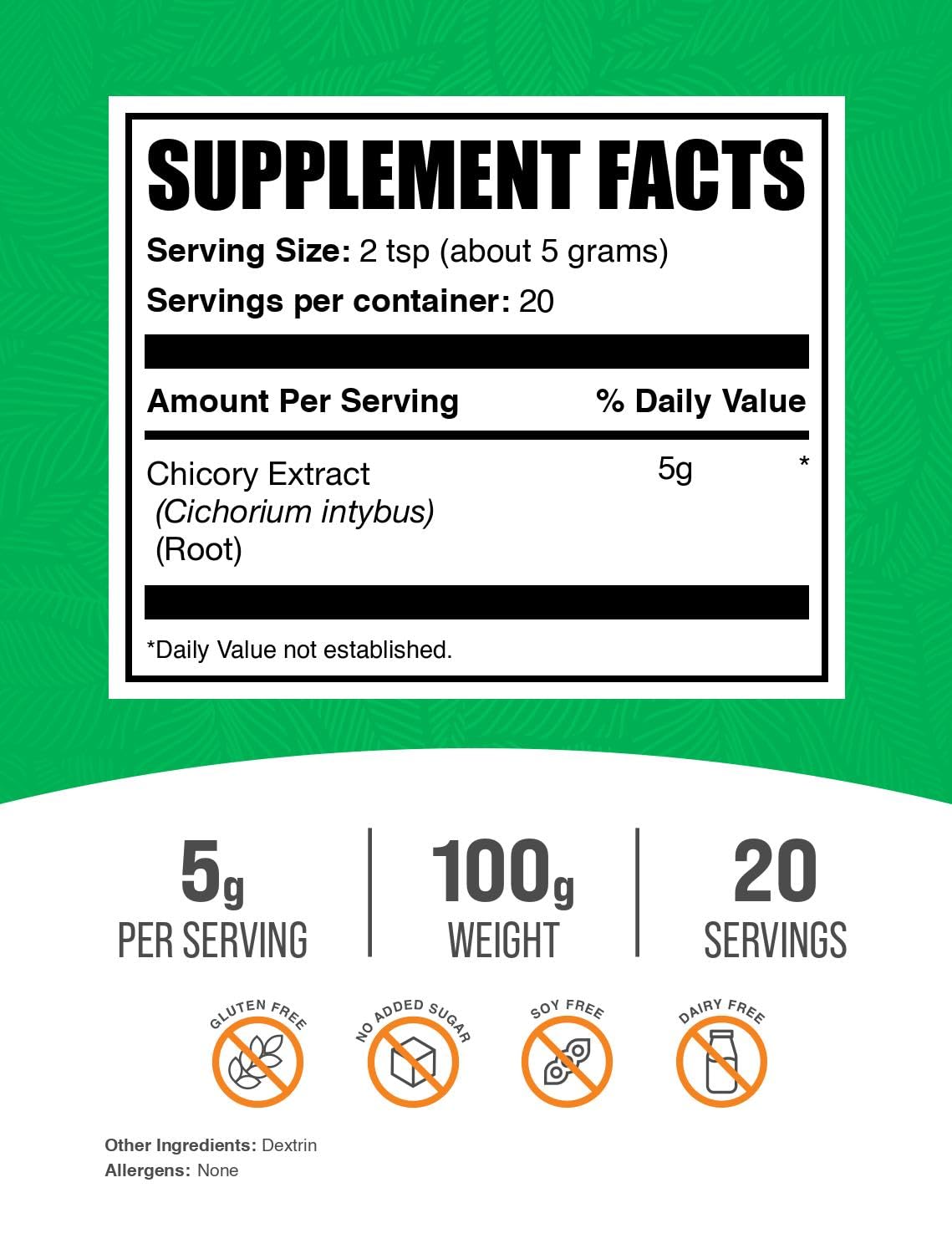 BulkSupplements Poudre d'Extrait de Racine de Chicorée 100g, vue de côté
