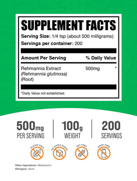 BulkSupplements Poudre d'Extrait de Rehmannia 100g - étiquette et ingrédients