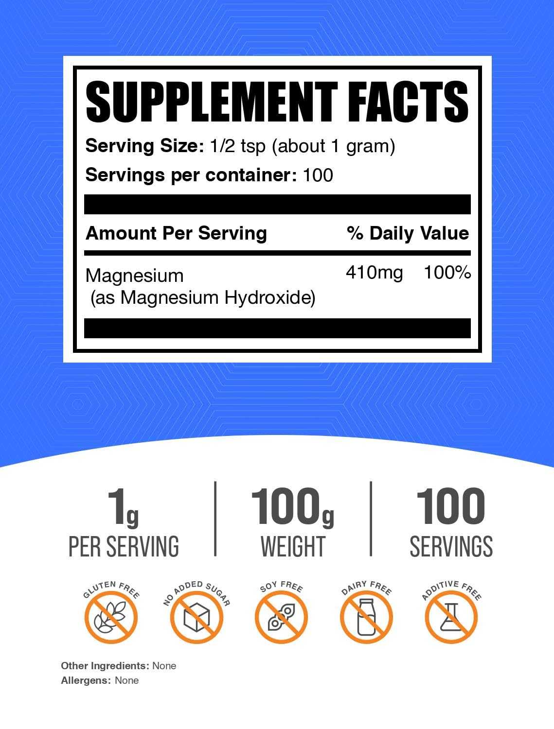BulkSupplements Poudre d'Hydroxyde de Magnésium 100g emballage