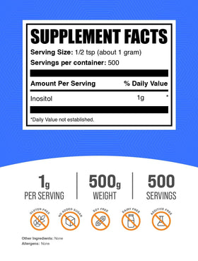 BulkSupplements Poudre d'Inositol 500g emballage arrière