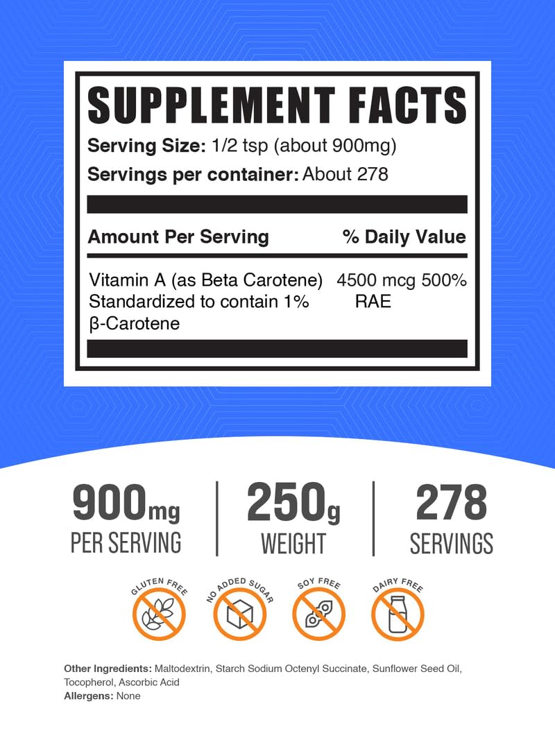 BulkSupplements Poudre de Bêta-Carotène 900mg vue de côté avec cuillère