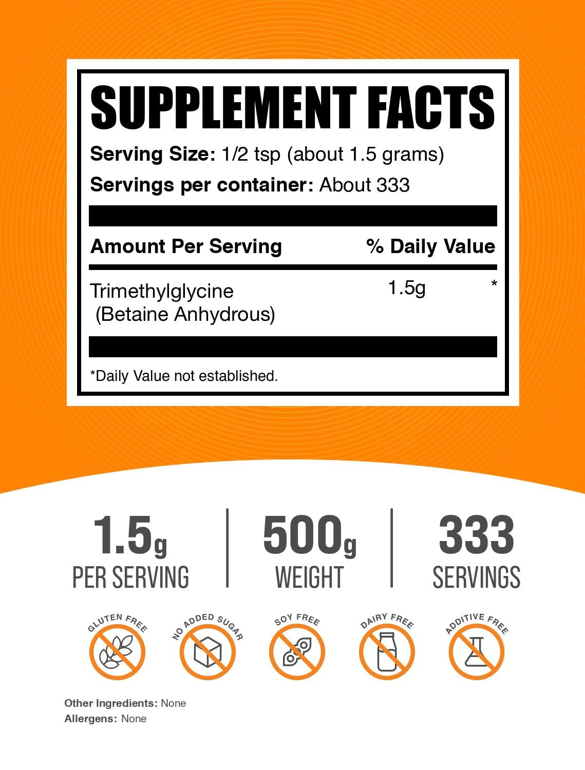 BulkSupplements Poudre de Bétaïne Anhydre 500g avec cuillère doseuse