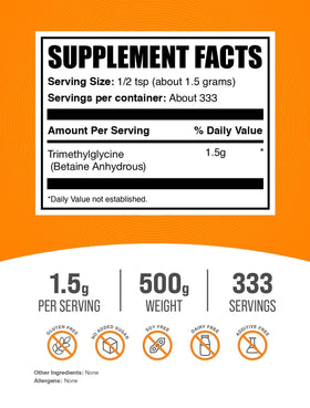 BulkSupplements Poudre de Bétaïne Anhydre 500g avec cuillère doseuse