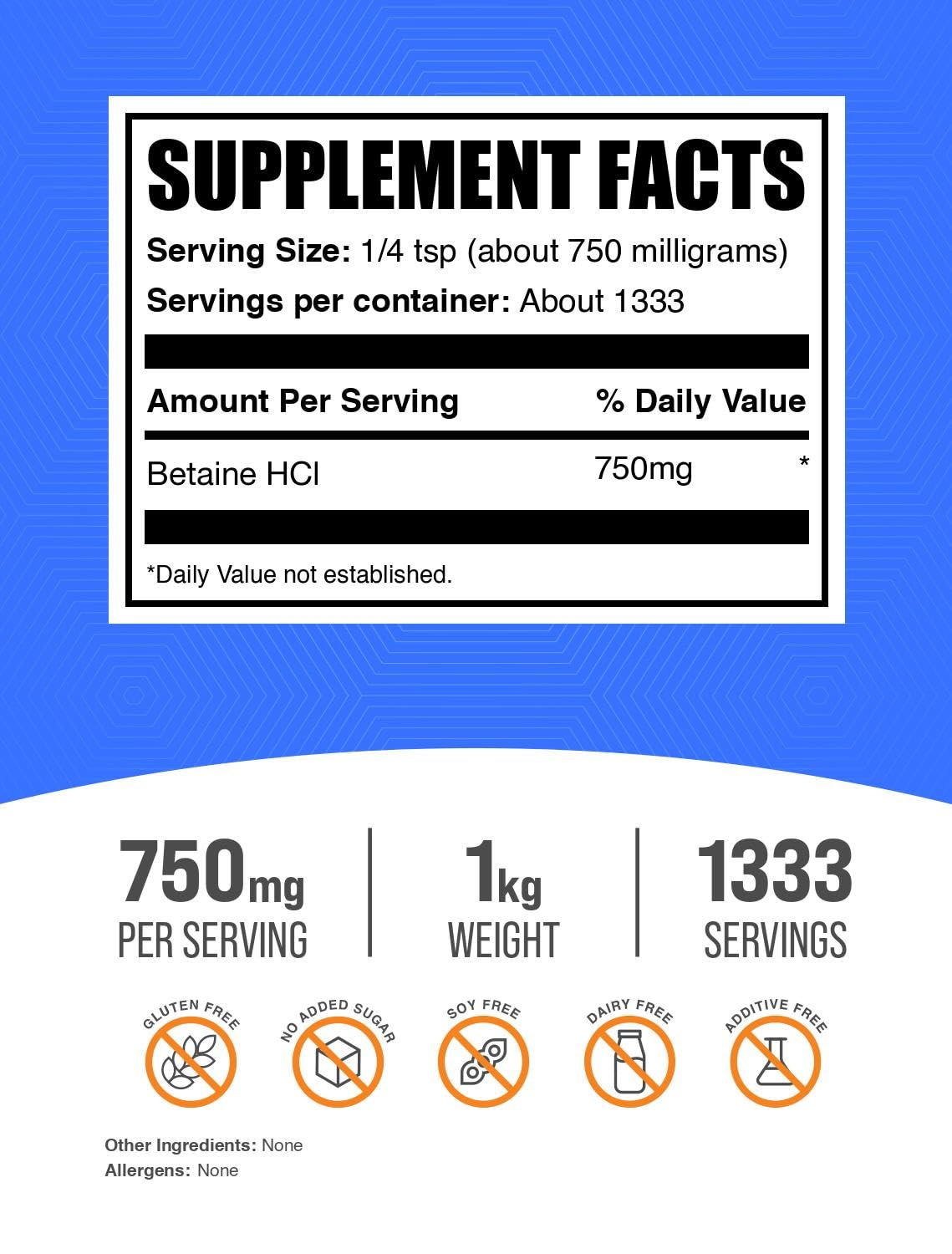 BulkSupplements Poudre de Betaïne HCl 750mg 1kg emballage