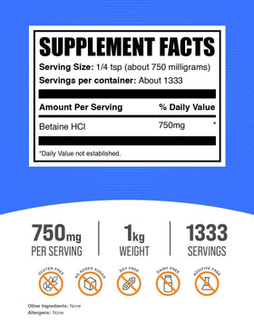 BulkSupplements Poudre de Betaïne HCl 750mg 1kg emballage