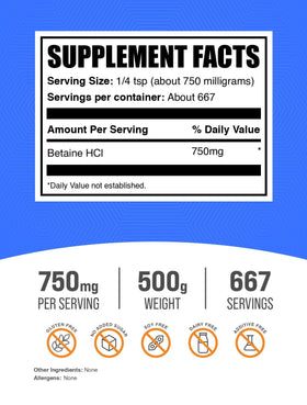 BulkSupplements Poudre de Betaïne HCl 750mg 500g - vue arrière