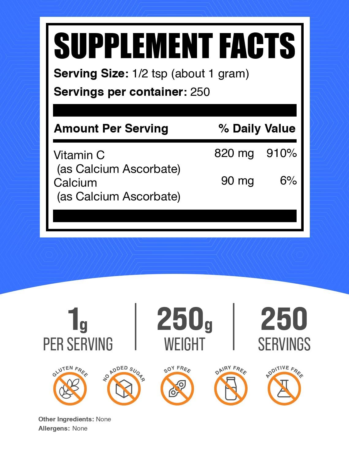 BulkSupplements Poudre de Calcium Ascorbate 250g, contenu en poudre