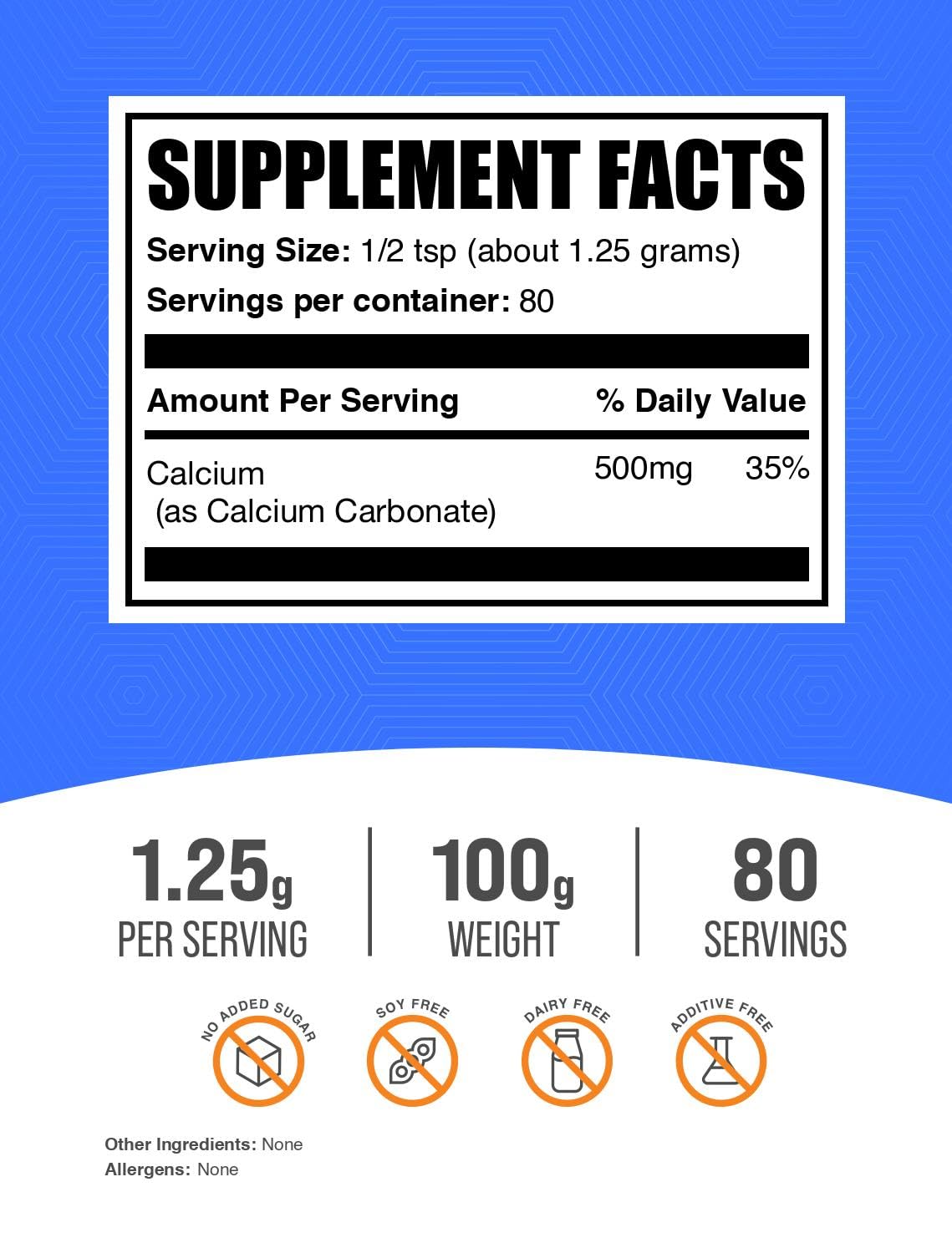 BulkSupplements Poudre de Calcium Carbonate 100g emballage