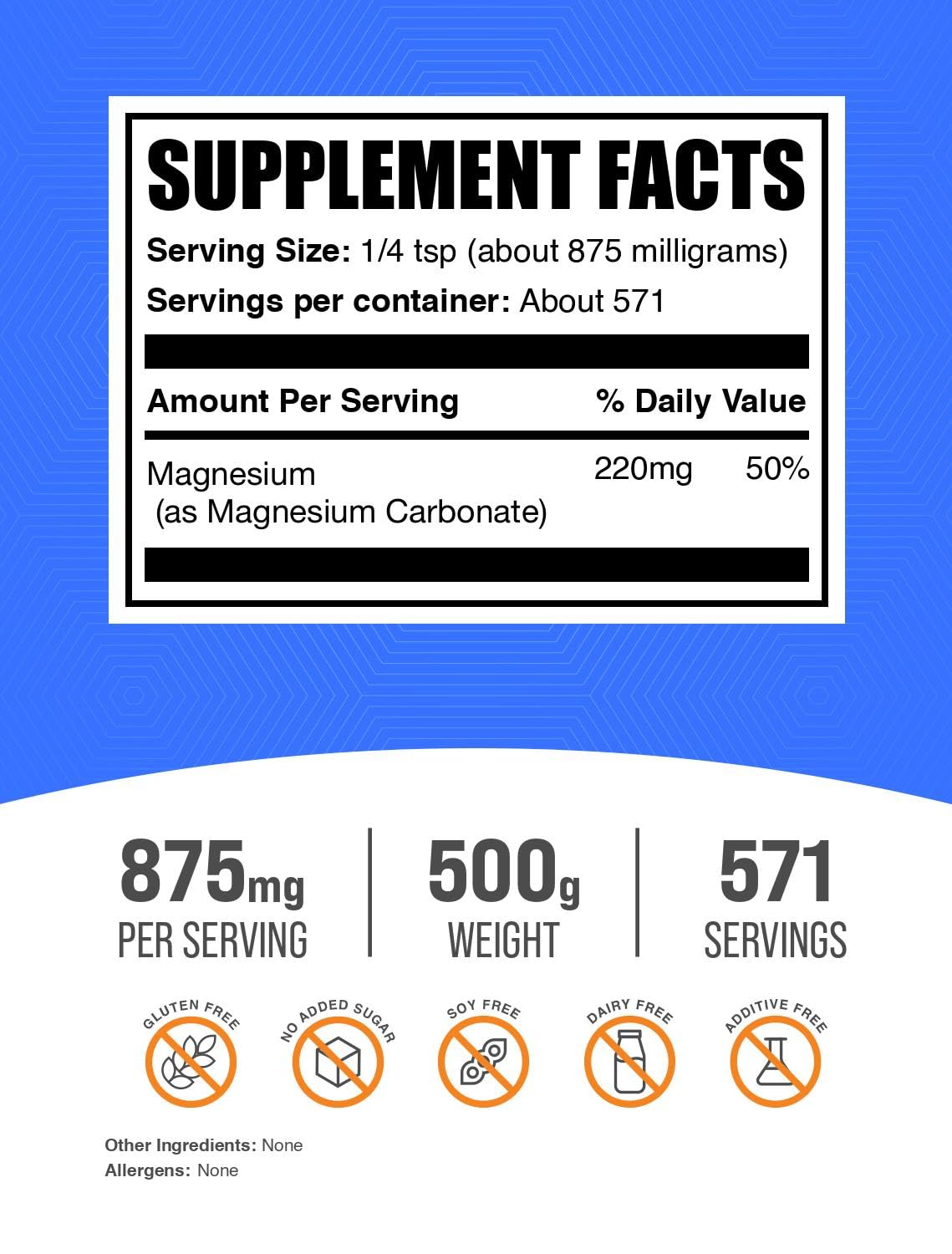 BulkSupplements Poudre de Carbonate de Magnésium 500g emballage