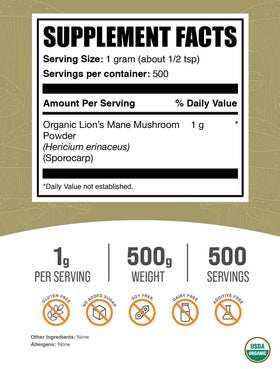 BulkSupplements Poudre de Champignon Lion's Mane Bio 500g emballage