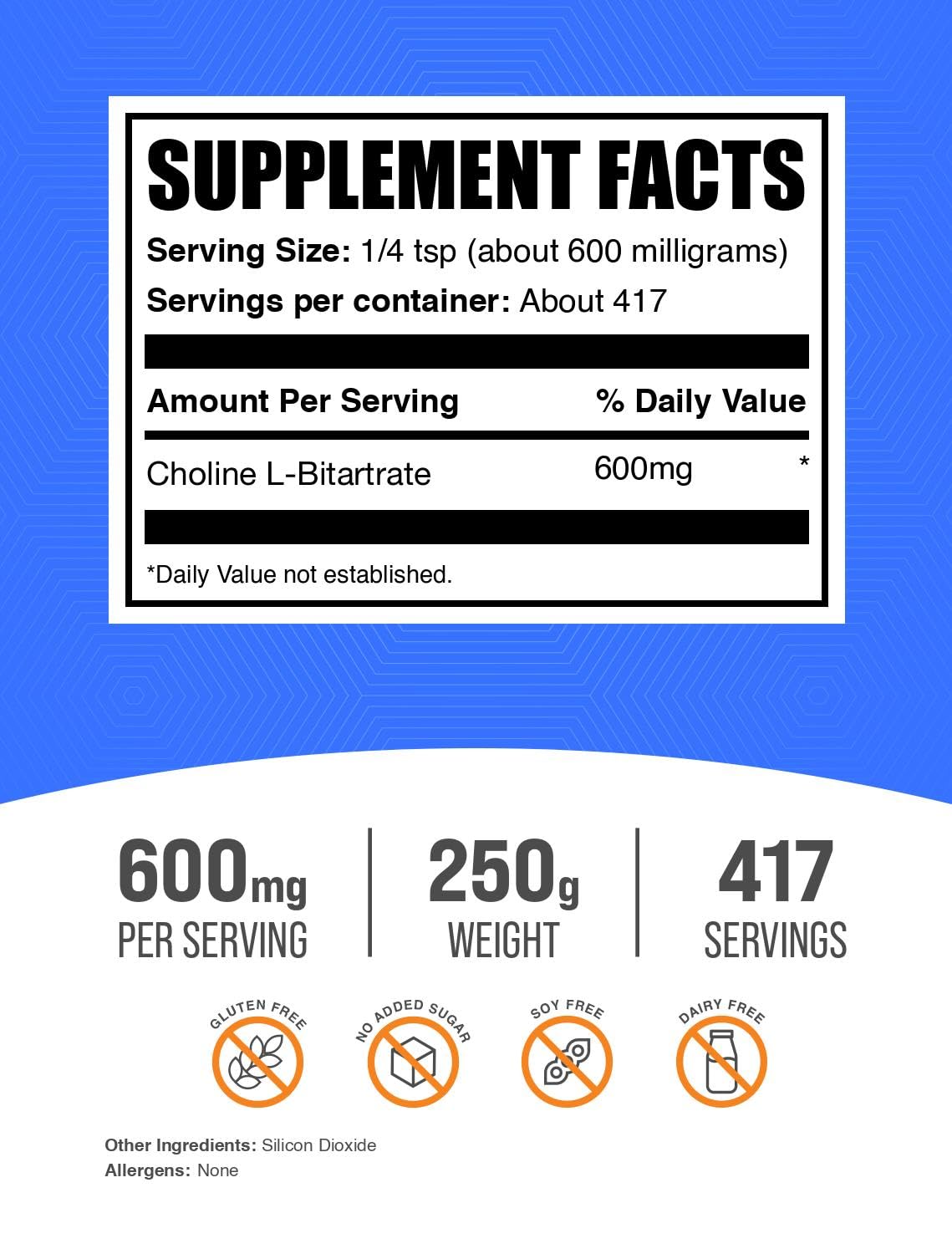 BulkSupplements Poudre de Choline Bitartrate 600mg 250g, étiquette détaillée