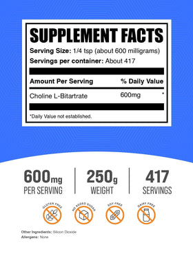 BulkSupplements Poudre de Choline Bitartrate 600mg 250g, étiquette détaillée