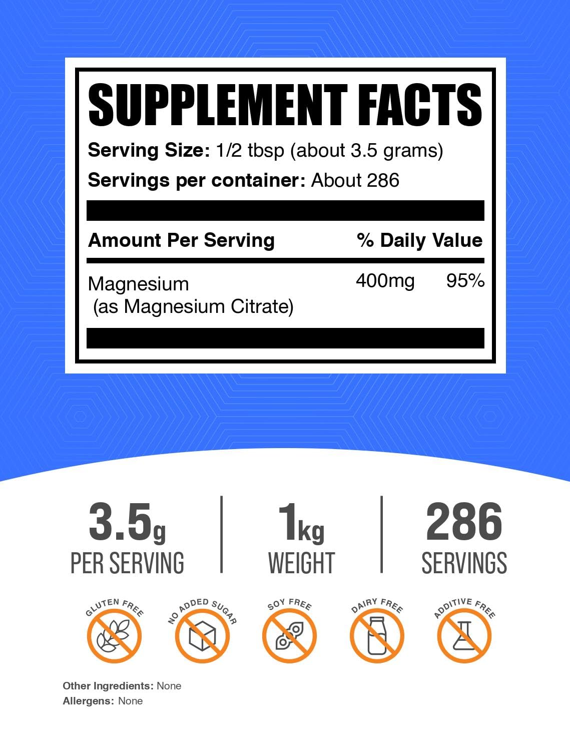 BulkSupplements Poudre de Citrate de Magnésium 400mg dosage