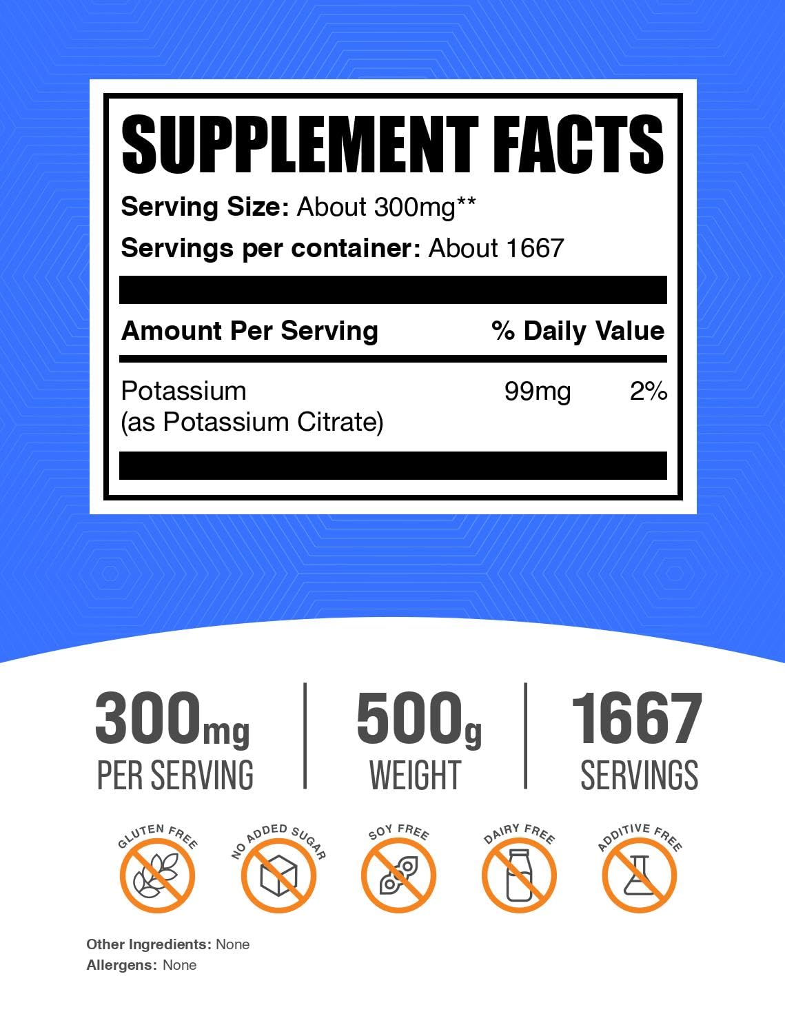 BulkSupplements Poudre de Citrate de Potassium 500g avec cuillère
