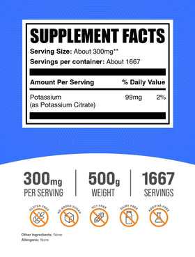 BulkSupplements Poudre de Citrate de Potassium 500g avec cuillère