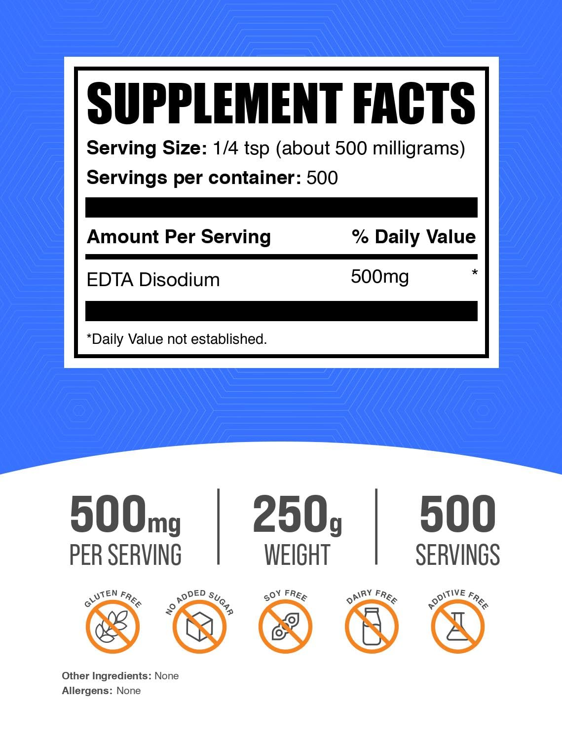 BulkSupplements Poudre de Disodium EDTA 250g vue arrière avec informations nutritionnelles