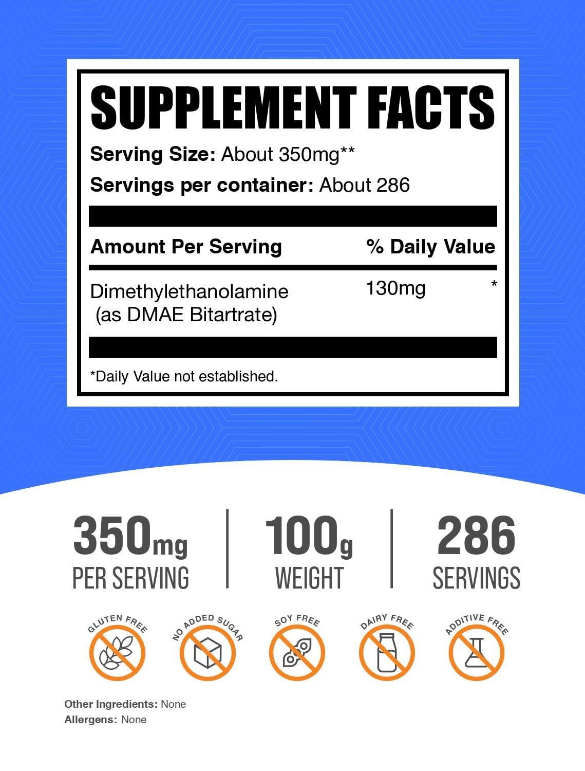 BulkSupplements Poudre de DMAE Bitartrate 100g vue arrière
