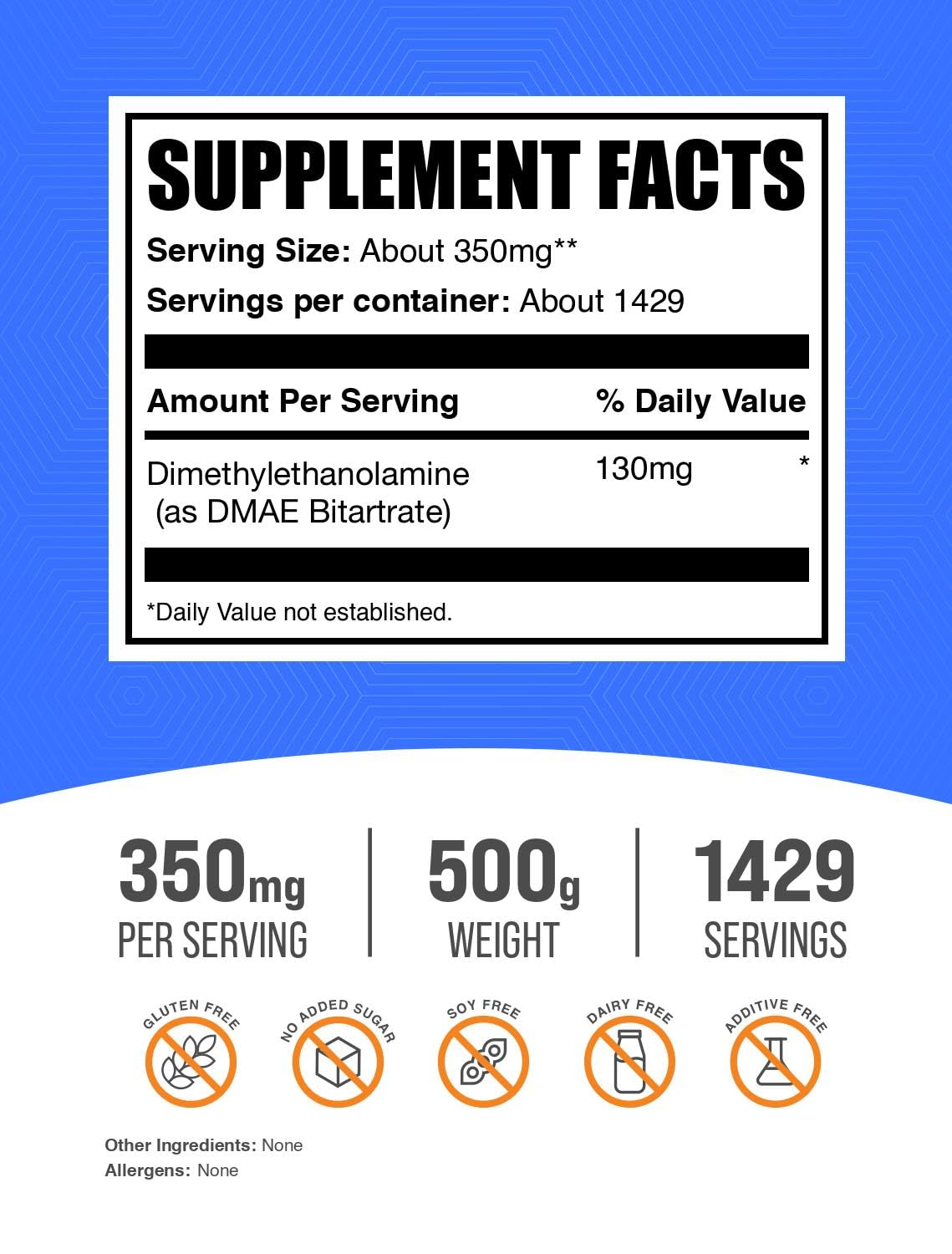 BulkSupplements Poudre de DMAE Bitartrate 500g, vue de côté