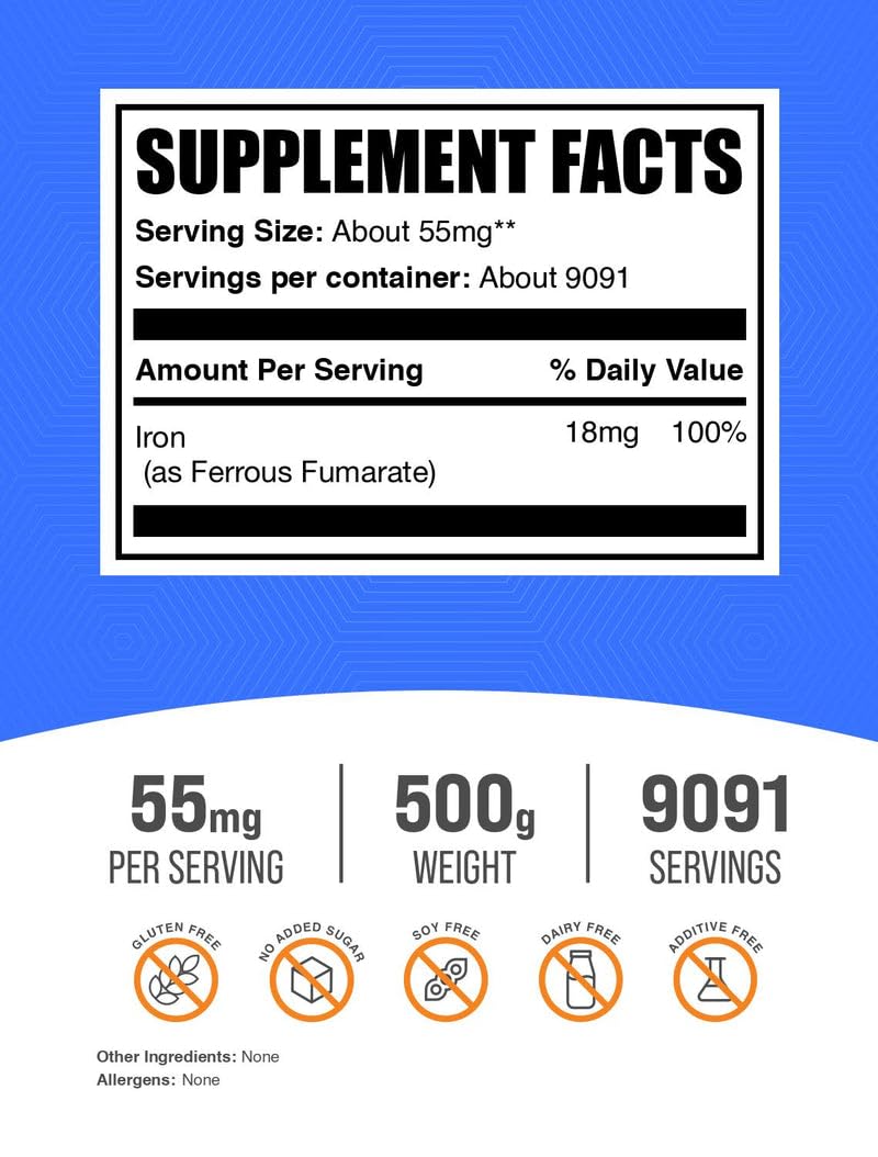 BulkSupplements poudre de fumarate ferreux 500g emballage