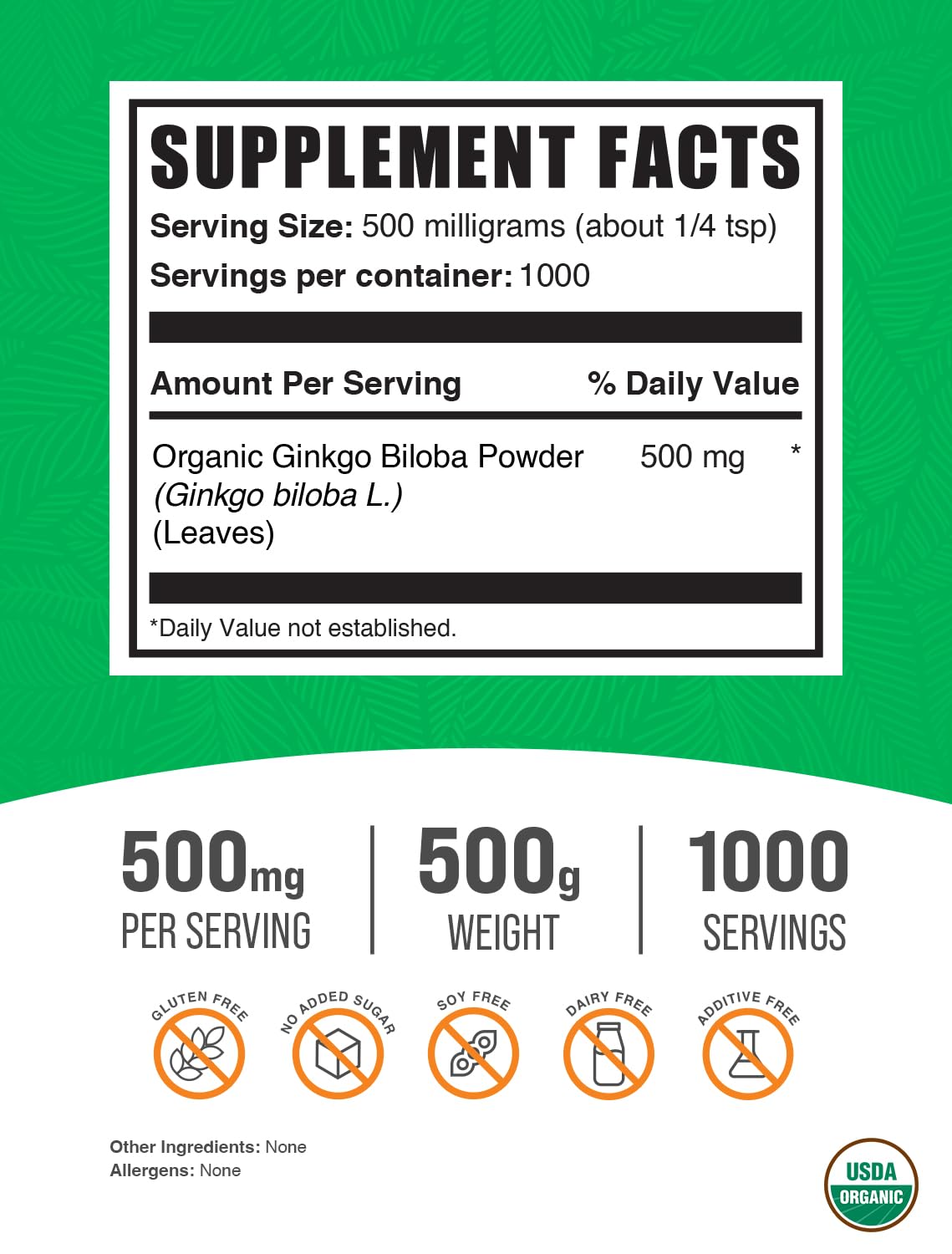 BulkSupplements Poudre de Ginkgo Biloba 500g vue arrière avec informations nutritionnelles