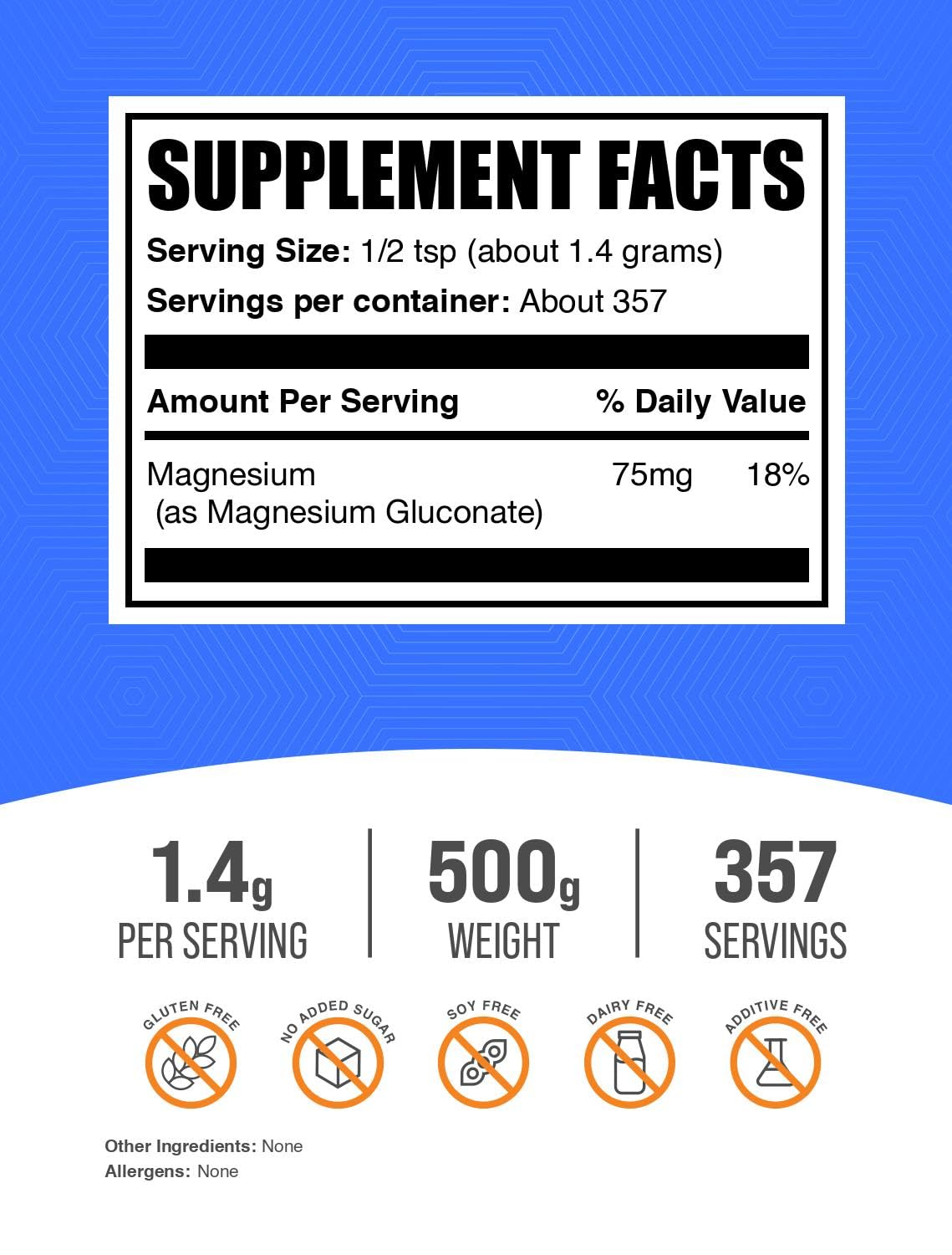 BulkSupplements Poudre de Gluconate de Magnésium 500g vue arrière