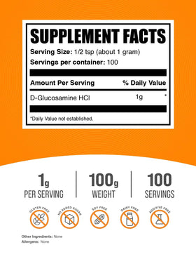 BulkSupplements poudre de glucosamine HCl 100g étiquette
