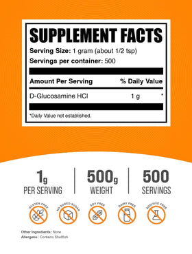 BulkSupplements Poudre de Glucosamine HCl 500g vue arrière avec informations nutritionnelles