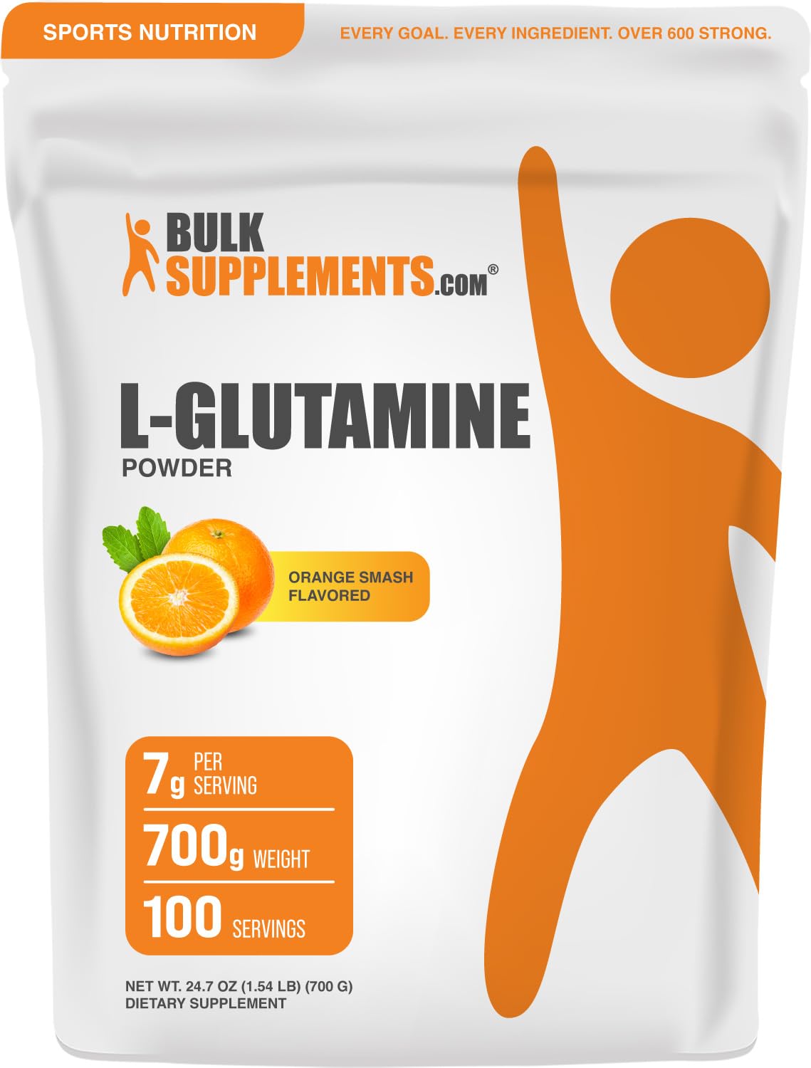 BulkSupplements Poudre de L-Glutamine 700g Saveur Orange Smash vue de face