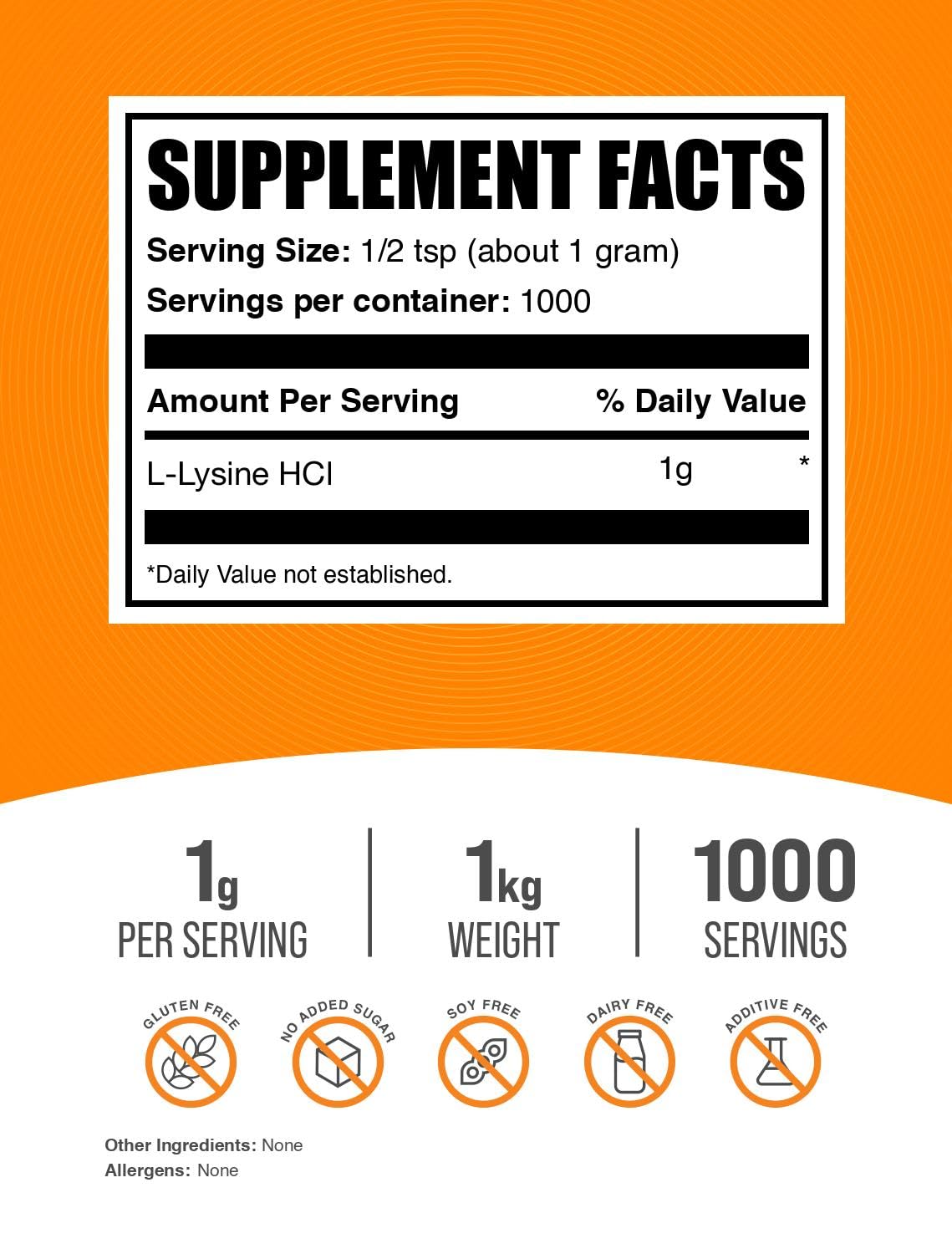 BulkSupplements Poudre de L-Lysine 1kg emballage