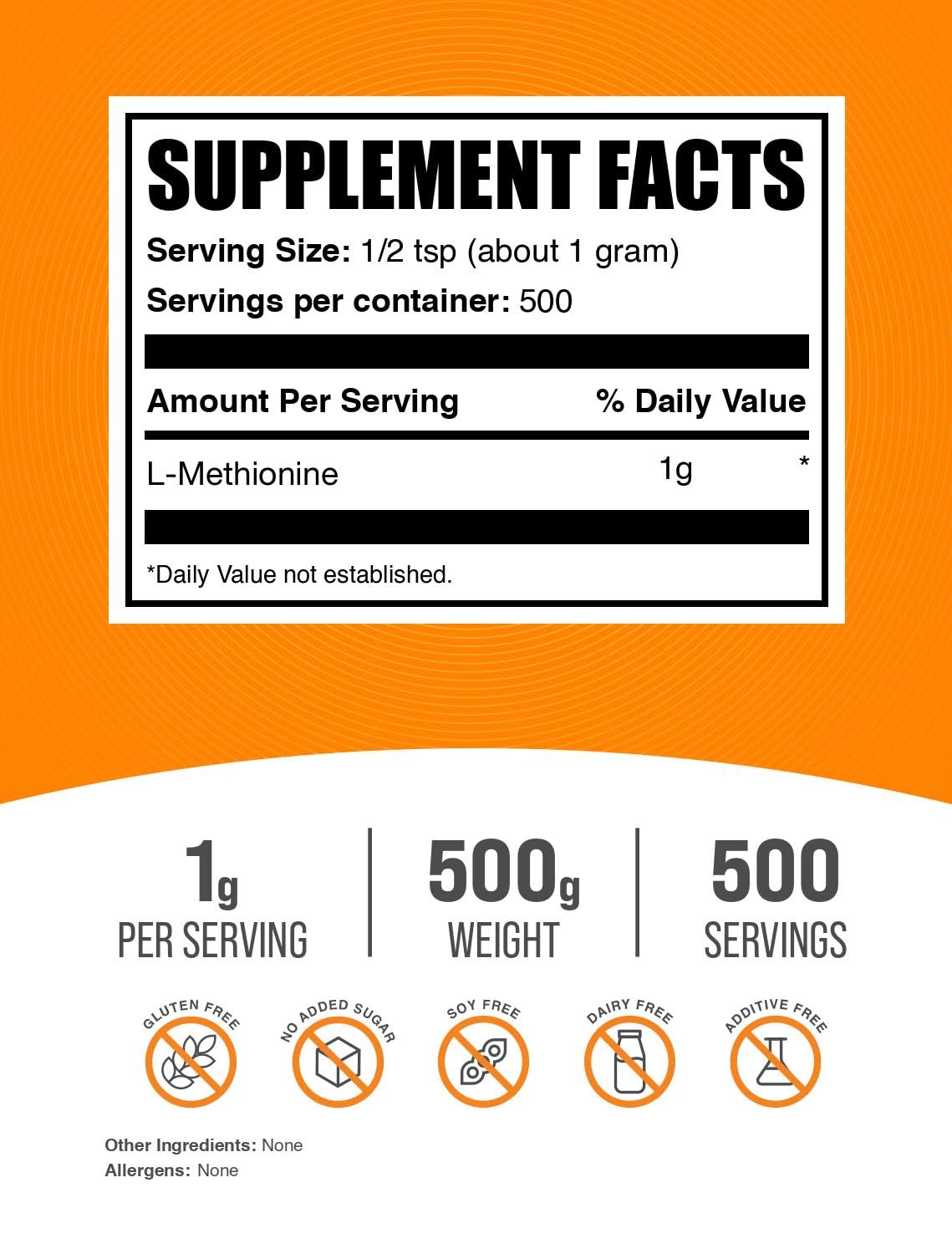 BulkSupplements Poudre de L-Méthionine 500g avec cuillère