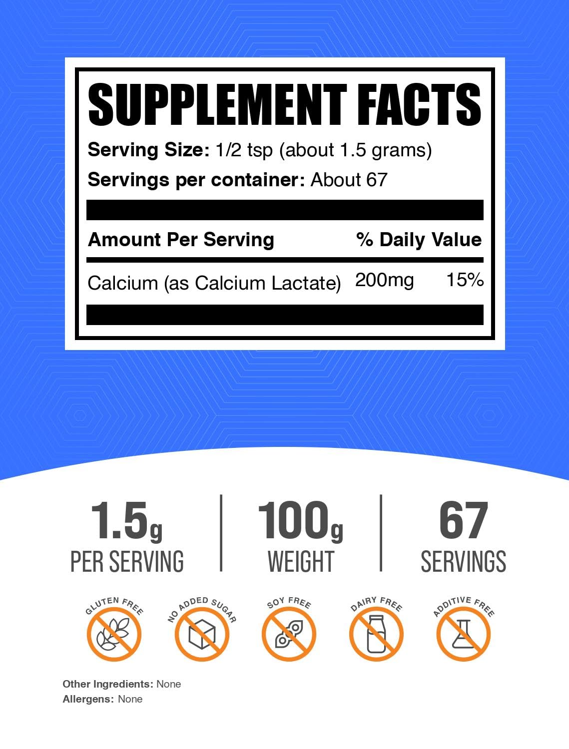 BulkSupplements Poudre de Lactate de Calcium 100g avec dosette