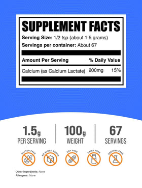 BulkSupplements Poudre de Lactate de Calcium 100g avec dosette