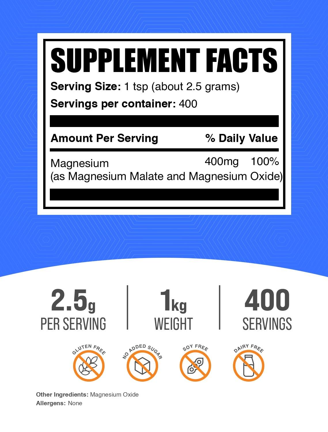 BulkSupplements Poudre de Malate de Magnésium 1kg vue arrière