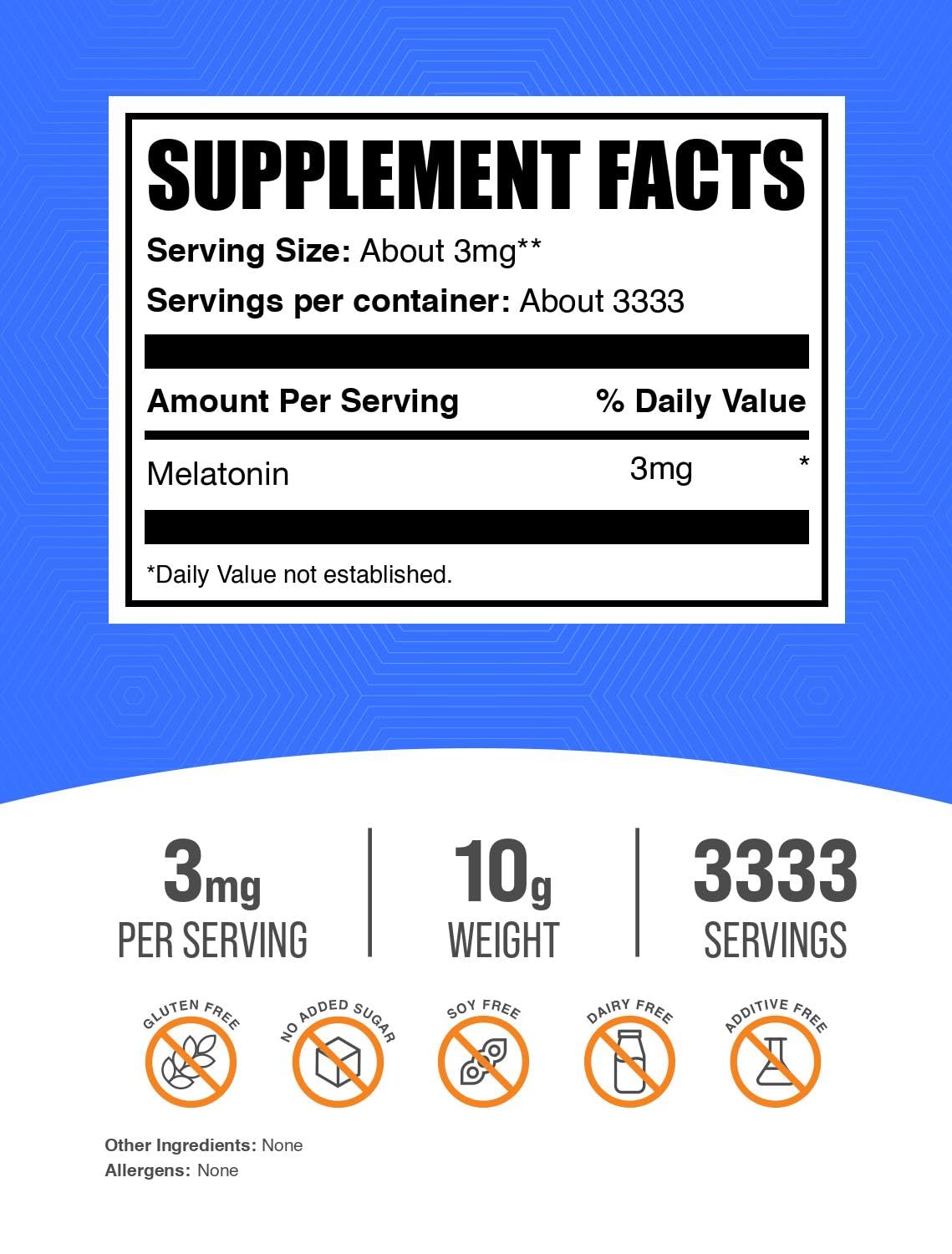 BulkSupplements Poudre de Mélatonine 3mg étiquette et dosage